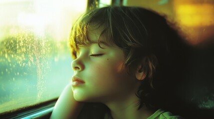 A child, lost in thought, leans against a window where soft, golden light stream, creating a moment of peaceful daydream.