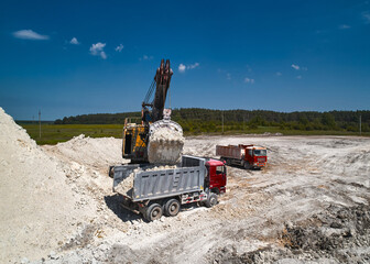 shovel mining excavator loads chalk into tipper truck in quarry