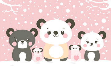 Cartoon bears stand together in a gentle snowy landscape with soft pink and white colors.