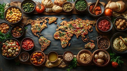 A dynamic map of the world with food dishes placed across countries symbolizing the global celebration of diverse cuisines