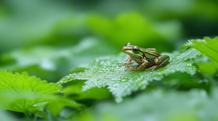 A vibrant green frog perched on a leaf, surrounded by lush foliage in a serene natural setting