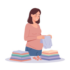Woman folding clothes in a minimal style with vibrant colors in vector illustration