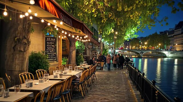 Riverside dining in Paris at night with outdoor seating and glowing lanterns, Evening Riverside Dining in Paris