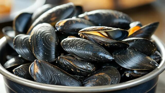 Freshly harvested mussels in a metal bowl showcasing their smooth shells and natural sheen