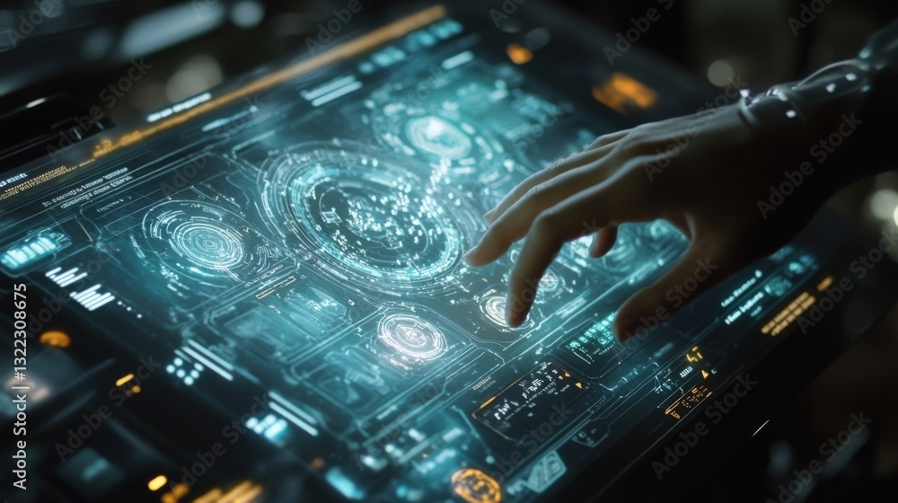 Poster a closeup of a persons hand reaching out to interact with a holographic control panel displaying int