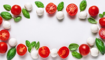 Naklejka premium A white background with red tomatoes, white mozzarella balls, and green basil leaves arrange