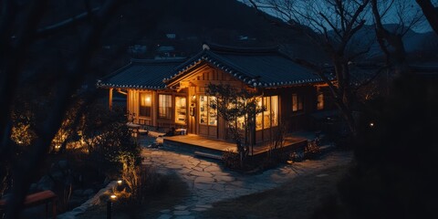 A traditional wooden house illuminated in a nighttime setting