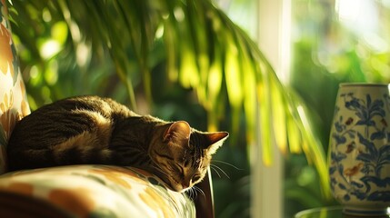 Obraz premium A feline lounging on a sofa beside a pot and vase resting on a nearby table, with a window view