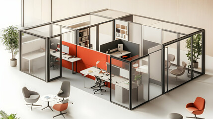 Hybrid office workspace with transparent partitions
