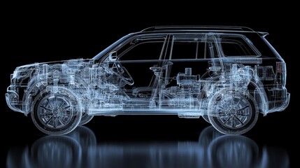 Naklejka premium A meticulously rendered 3D illustration unveils the intricate workings of an SUV, its exterior exposed through a transparent 