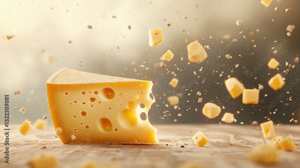 Poster a block of cheese with several small cubes scattered nearby on a wooden table against a fuzzy backdr