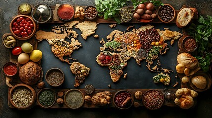 A world map filled with food items from different countries symbolizing global culinary exploration