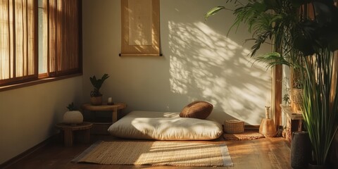 A serene sunlit room contains cushions plants and wooden furniture