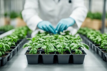 Agricultural research scientist examining basil seedlings in greenhouse