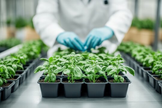 Agricultural research scientist examining basil seedlings in greenhouse