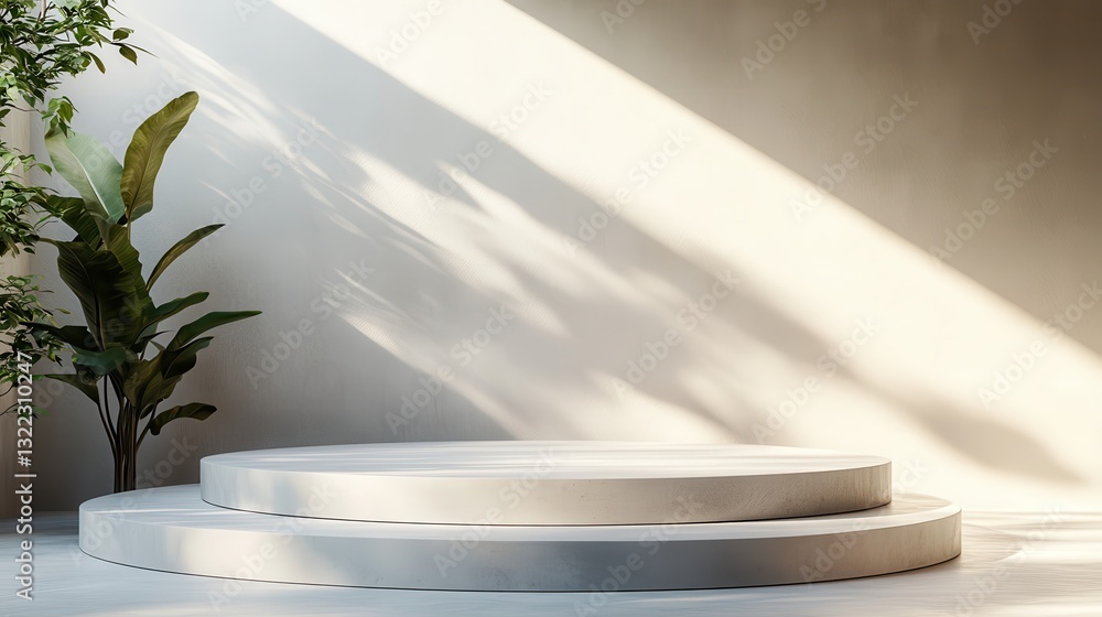 Poster Minimalist interior with curved steps and soft sunlight illuminating a serene space during the day