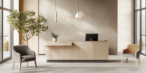 A modern reception area with plants and inviting seating elements