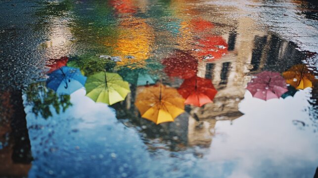 Reflective umbrellas splash color upon a wet pavement, creating vibrant patterns amid urban reflections and shimmering water.