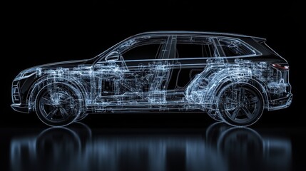 Naklejka premium A sleek, black SUV car, its chassis meticulously exposed, stands revealed through a translucent x-ray effect, revealing its intricate inner workings, a testament to engineering ingenuity and
