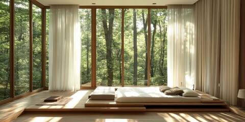Obraz premium A minimalist bedroom with expansive windows overlooking a lush forest