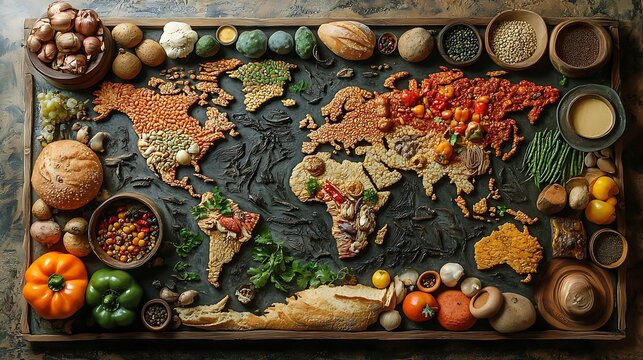 A world map made up of iconic dishes from different countries displaying the richness of global food heritage