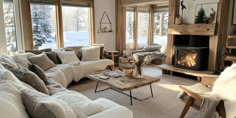 Fototapeta premium A cozy living room with a warm fireplace and snowy view