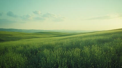 Fototapeta premium Endless green fields under a pale blue sky create a lush, sweeping landscape, embodying the vast beauty and tranquility of nature.
