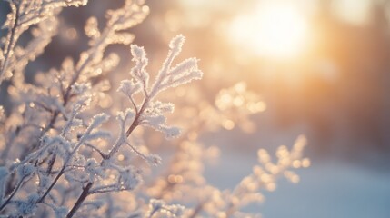 Frost-kissed branches sparkle in the golden sunrise, capturing the crisp beauty and calm of a winter morning landscape.