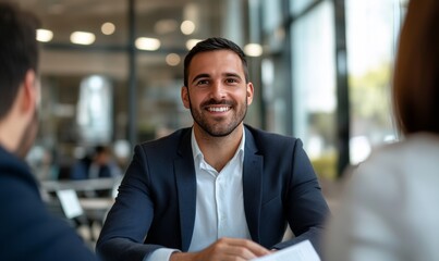 Fototapeta premium A professional young handsome bank manager sitting across a desk and attentively listening in a modern office environment