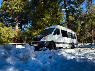 White camper van sits in a snow covered pine forest under dappled sunlight