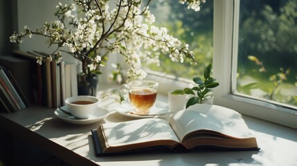 An open book sits on a sunlit windowsill, surrounded by blooming flowers, a cup of tea, and the serenity of a quiet afternoon.