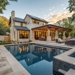 Elegant modern home with pool and patio surrounded by nature and scenic sky