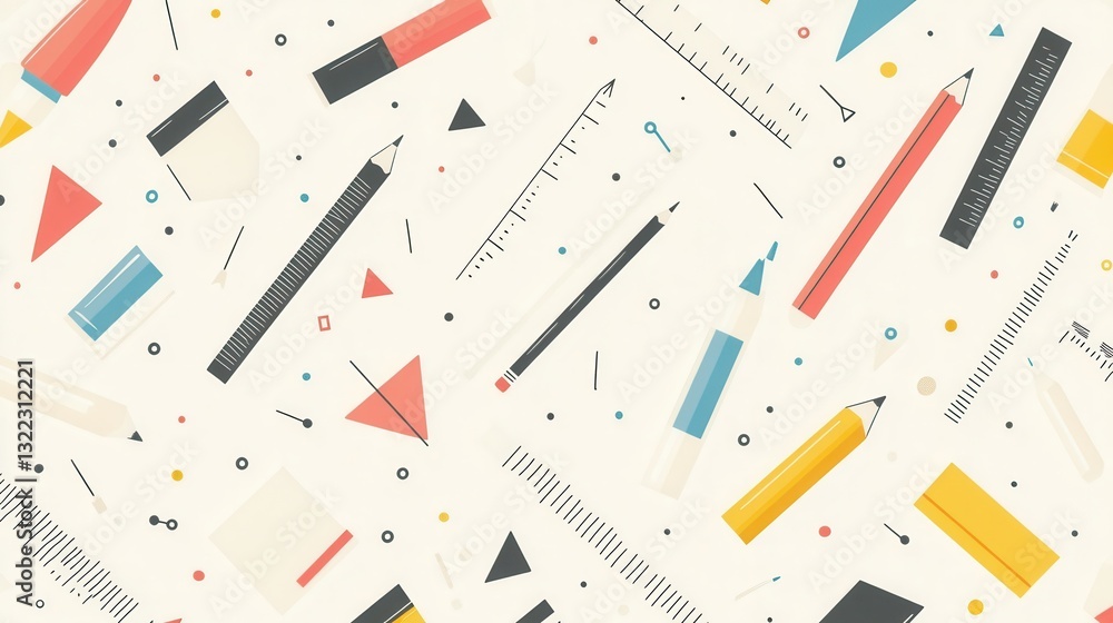 Poster seamless pattern with design tools including pencils, rulers and color palettes in a soft monochrome style for professional use