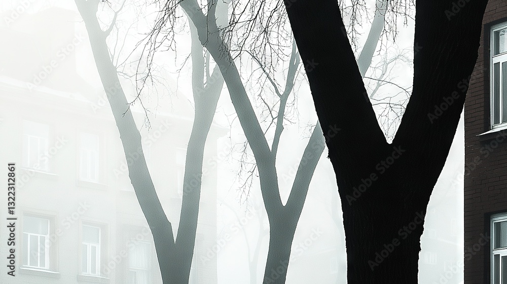 Poster a monochrome image of a tree amidst fog, with a clock tower visible in the background