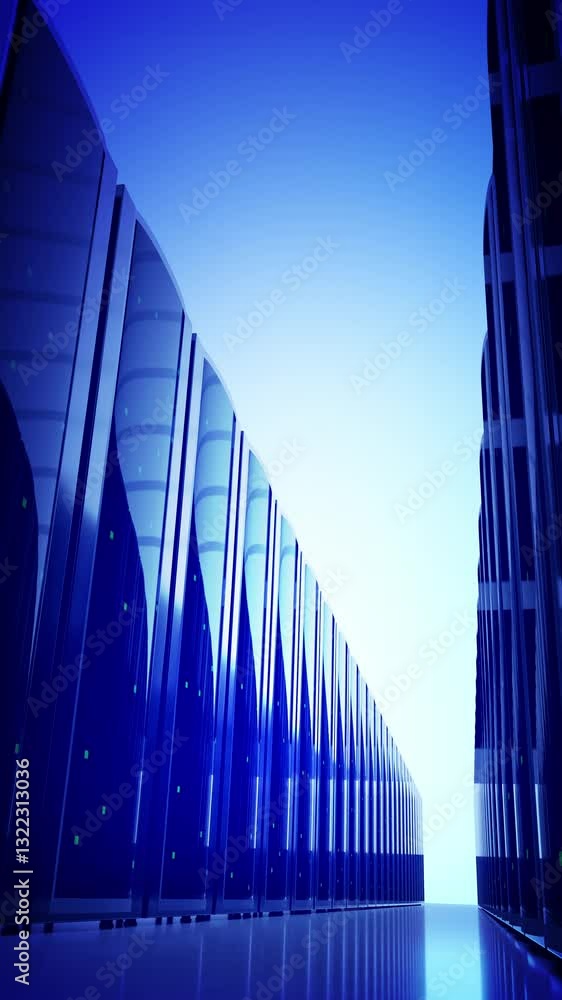 Poster server racks on both sides - storage or hosting concept - 3d 4k vertical animation with blue filter 
