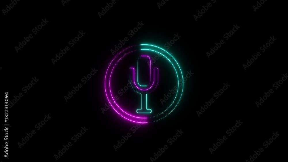 Poster podcast recording audio icon with microphone and wave form of sound or music. neon microphone icon a