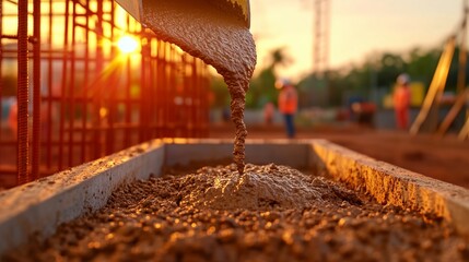 Concrete Pouring: A close-up shot captures the process of pouring concrete, highlighting the...