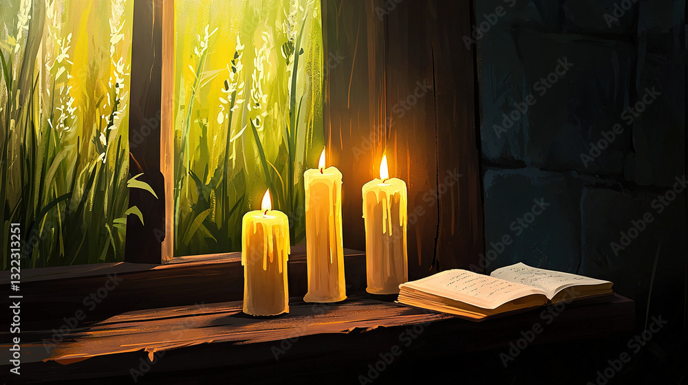 Poster a window sill with three lit candles and a book displayed beside it