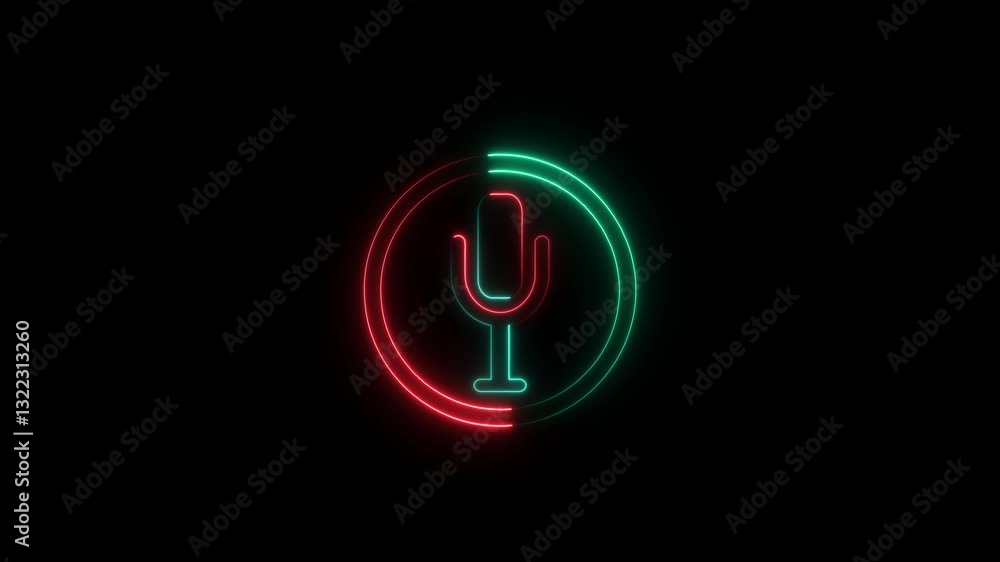 Poster podcast recording audio icon with microphone and wave form of sound or music. neon microphone icon a