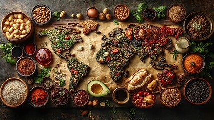 A world map with delicious food from across the globe arranged to highlight the diversity of world cuisine