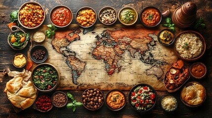 A global food journey on a world map with dishes from different regions symbolizing the world's diverse culinary practices