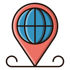 A Global Connection Illustrated With A Vibrant Map Pin Encompassing A World Globe, Symbolizing Worldwide Reach And Communication, Using A Clean And Simple Style With Bold Outlines And Flat Color