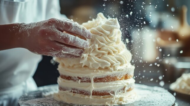 A baker's hands skillfully frost a multi-layered cake, capturing the artistry and joy of baking with a flurry of scattered flour. - Powered by Adobe