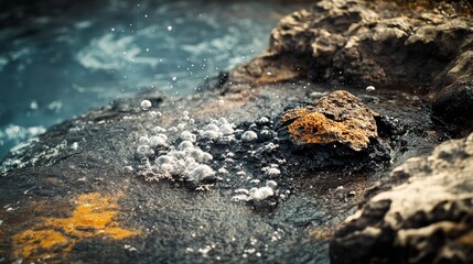 Bubbles dance on the water surface near rocky shores, catching sunlight in an ephemeral display.