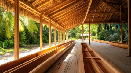 Serene wooden boat shed surrounded by lush greenery, showcasing craftsmanship and nature's beauty