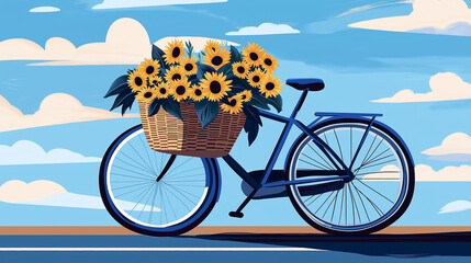 Fototapeta premium A charming blue bicycle with a woven basket filled with bright sunflowers, standing on a scenic country path under a blue sky. 