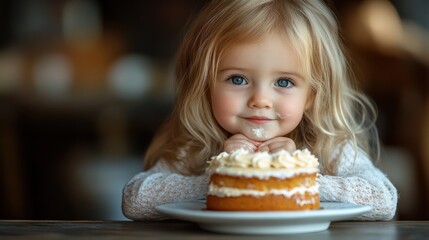 Cute toddler girl with frosting on her face, sitting at a table with a small cake.