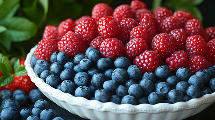 Fresh raspberries and blueberries in a bowl