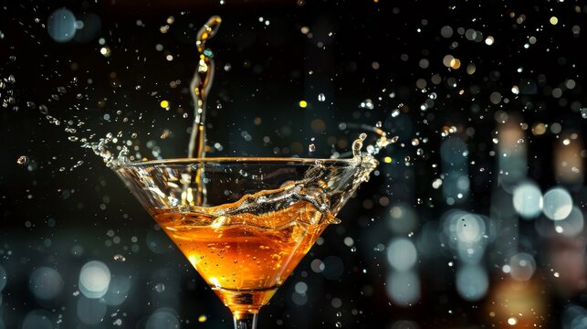 A shot glass being dropped into a cocktail glass in a dramatic and dynamic motion with clean lines and realistic lighting