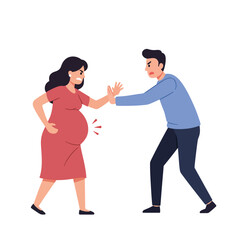 Pregnant woman expressing discomfort with partner in flat vector illustration style
